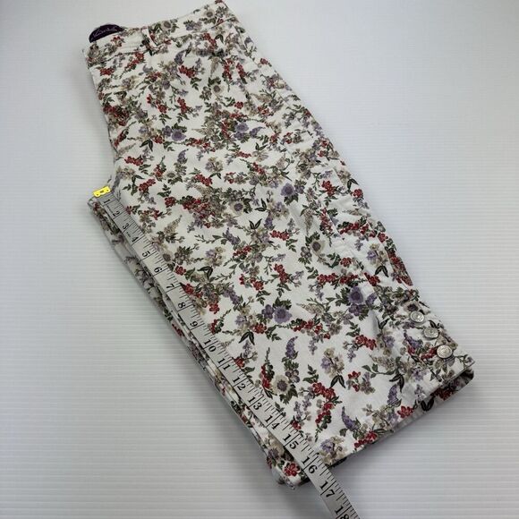 Gloria Vanderbilt Skimmer Pants 14 Floral Stretch Capris Button Hem Cotton - Picture 10 of 11